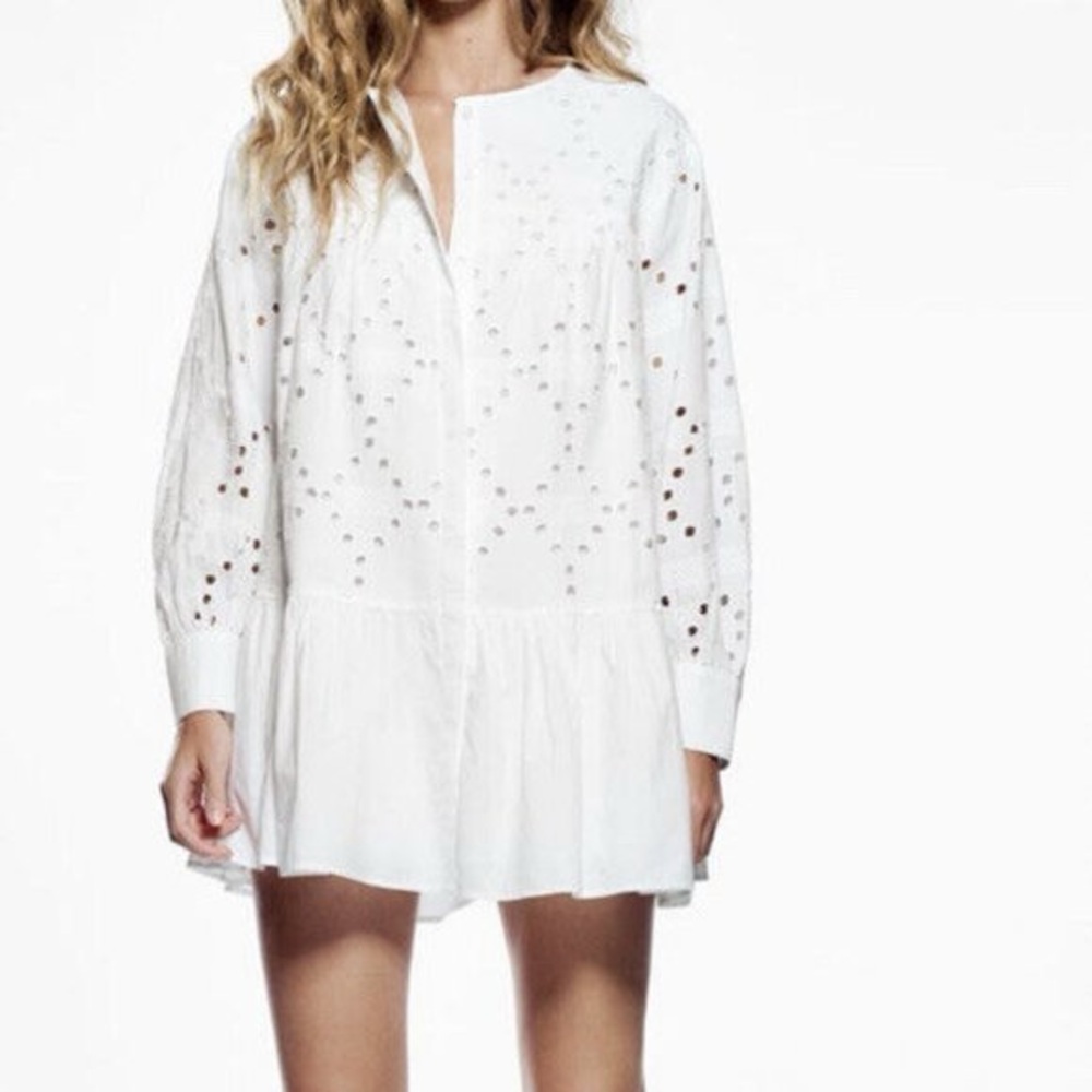 Zara White Shirt Dress Button Front Open Work Embroidery Womens XL 0881/324/251